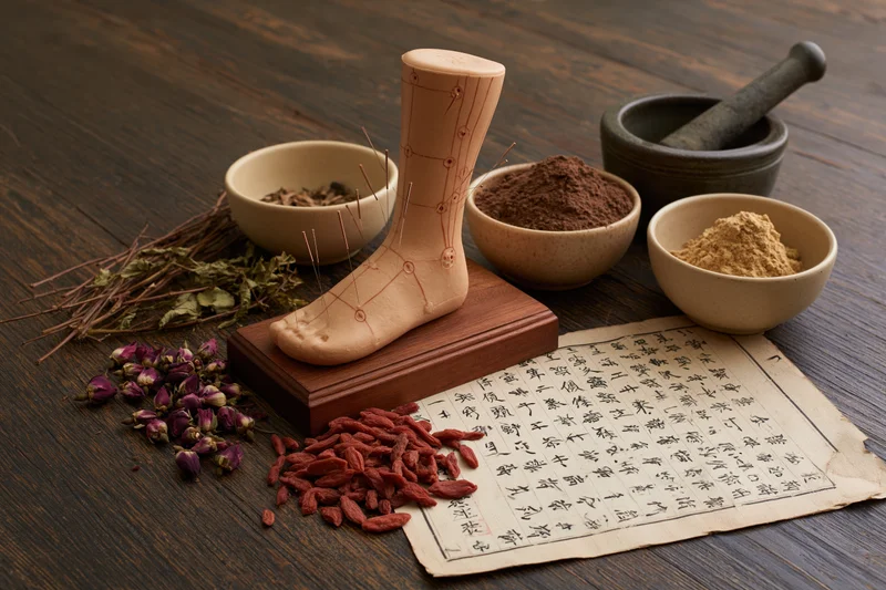 Small acupuncture leg model with needles and printed text