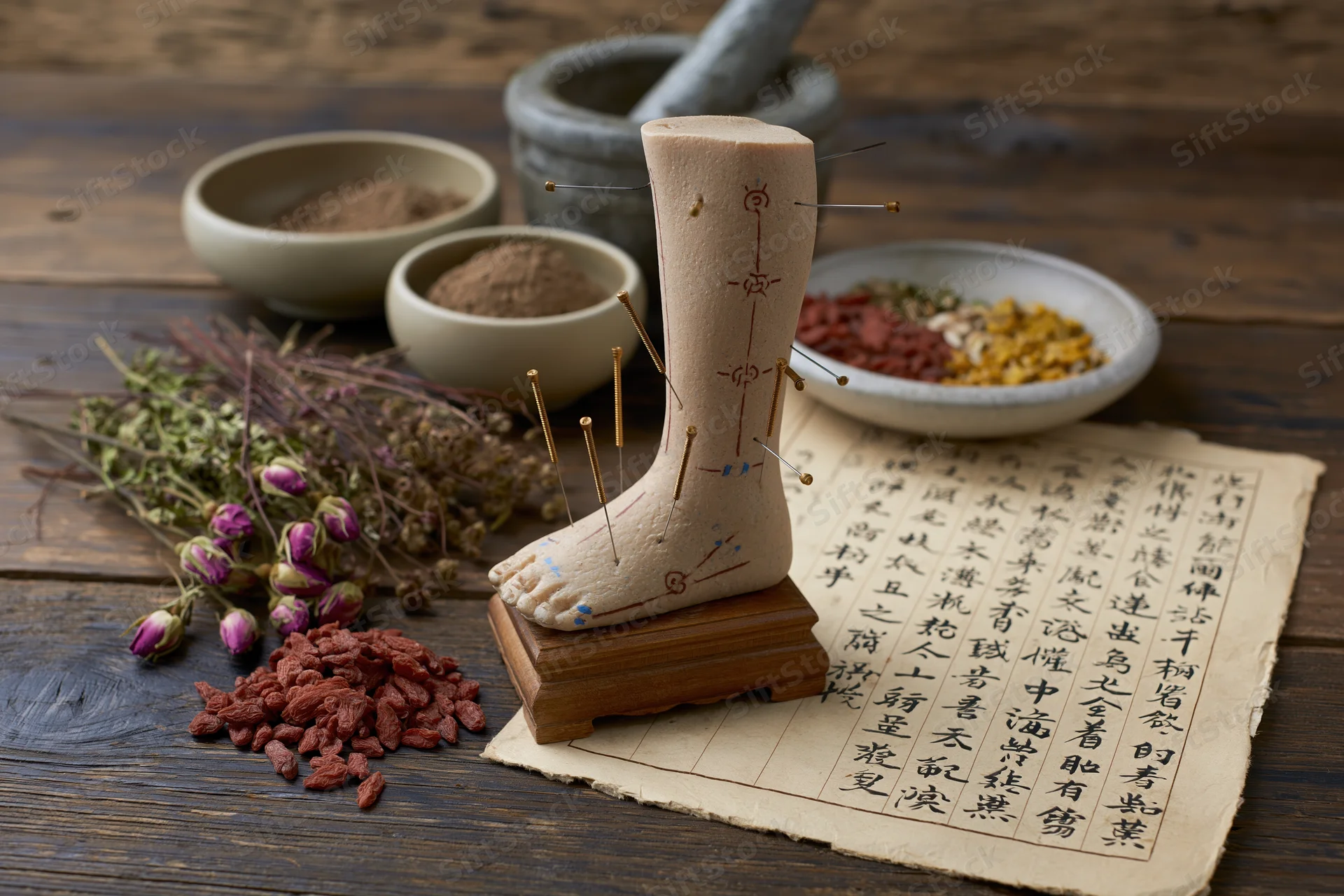 Acupuncture leg model with inserted needles on wooden table surrounded by herbs, bowls, mortar and pestle, and ancient chinese text