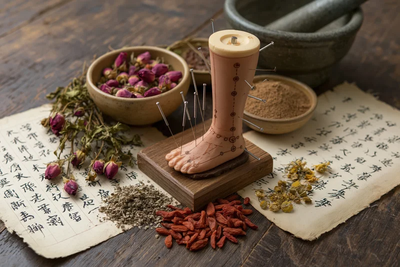 Acupuncture leg model with inserted needles on wooden table surrounded by herbs and ancient script