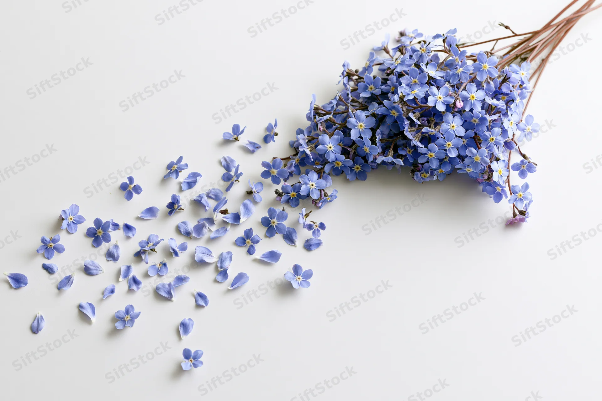 Small blue forget-me-not flowers and loose petals scattered on a white surface