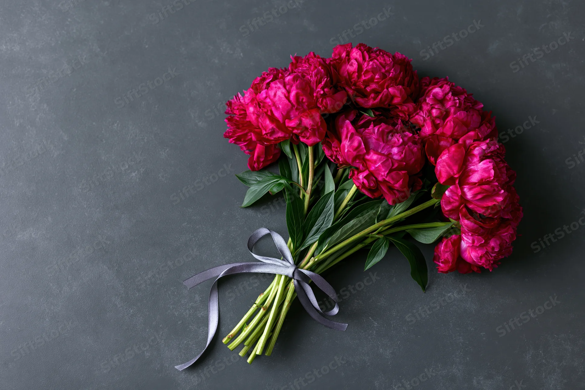 Small bouquet of deep crimson peonies with green stems and leaves tied with a gray ribbon on a dark gray textured surface
