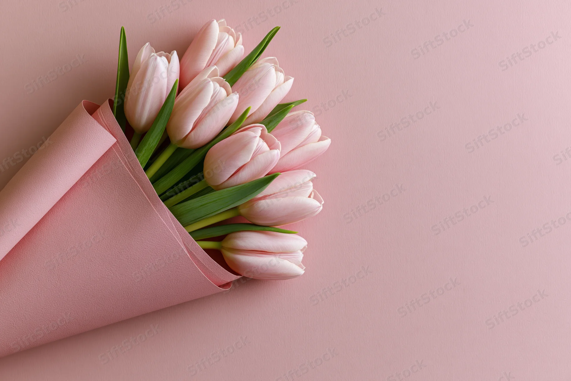 Small bouquet of pale pink tulips with green stems wrapped in pink paper on a pink surface