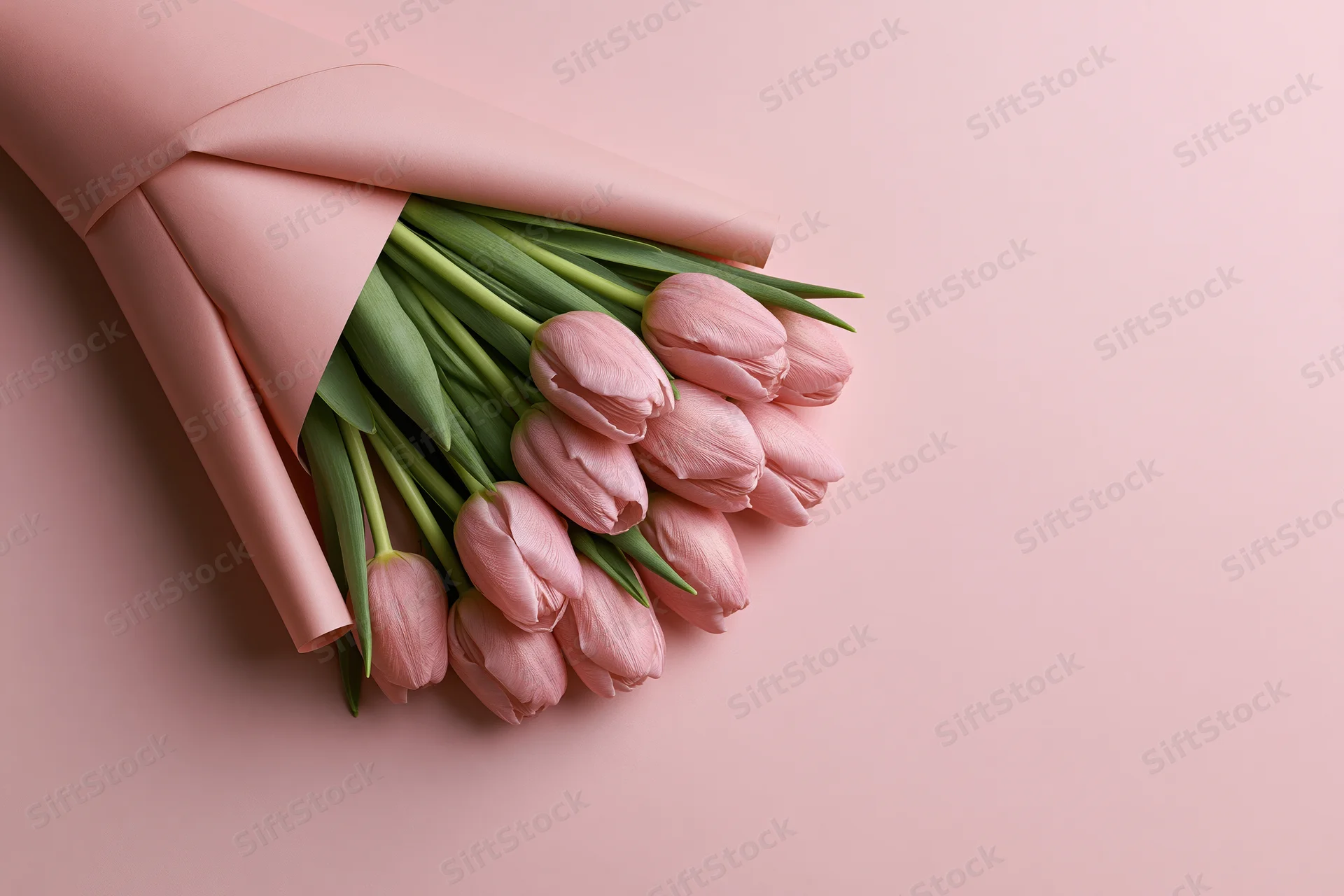 Small bouquet of pale pink tulips with green stems wrapped in pink paper on a pink surface