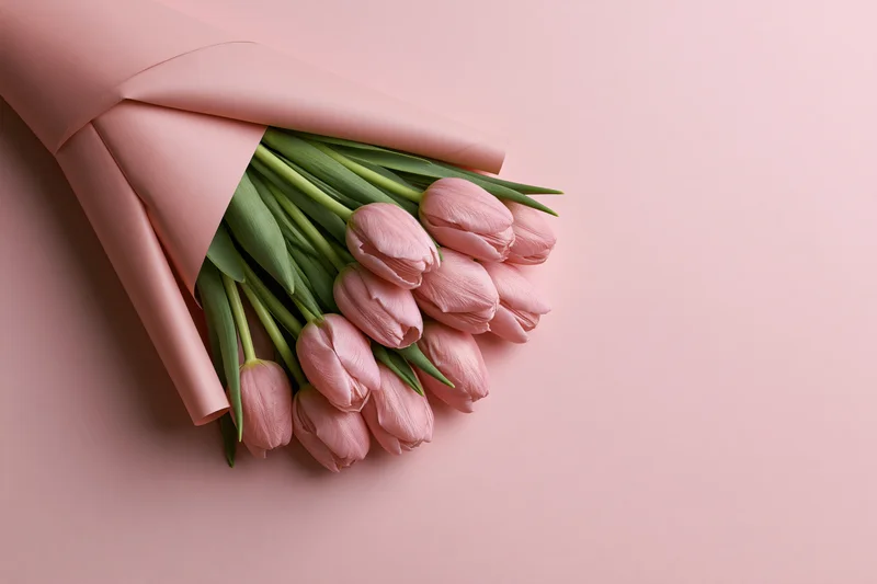 Small bouquet of pale pink tulips with green stems wrapped in pink paper on a pink surface