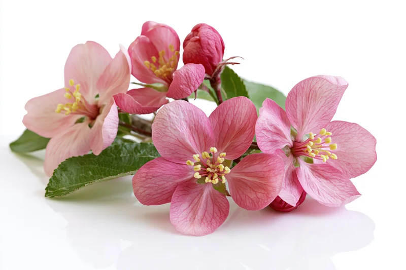 Pink apple blossoms with yellow stamens and green leaves on a white background