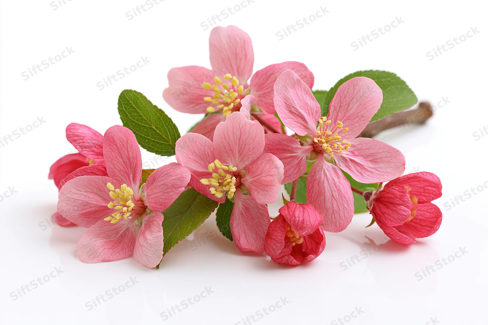 Small branch of pink apple blossoms with yellow stamens and green leaves on white background