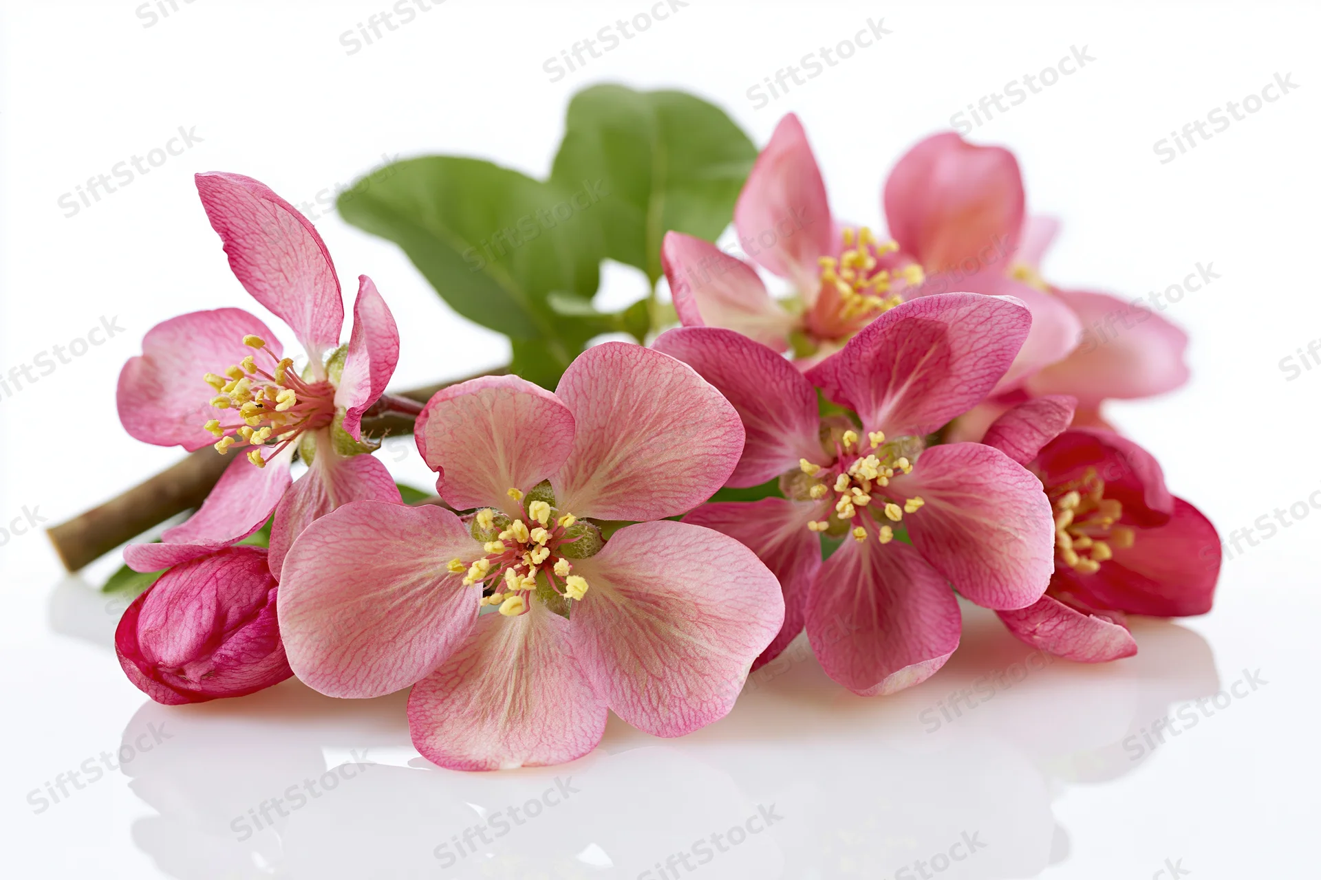Small branch of pink apple blossoms with yellow stamens and green leaves on white surface