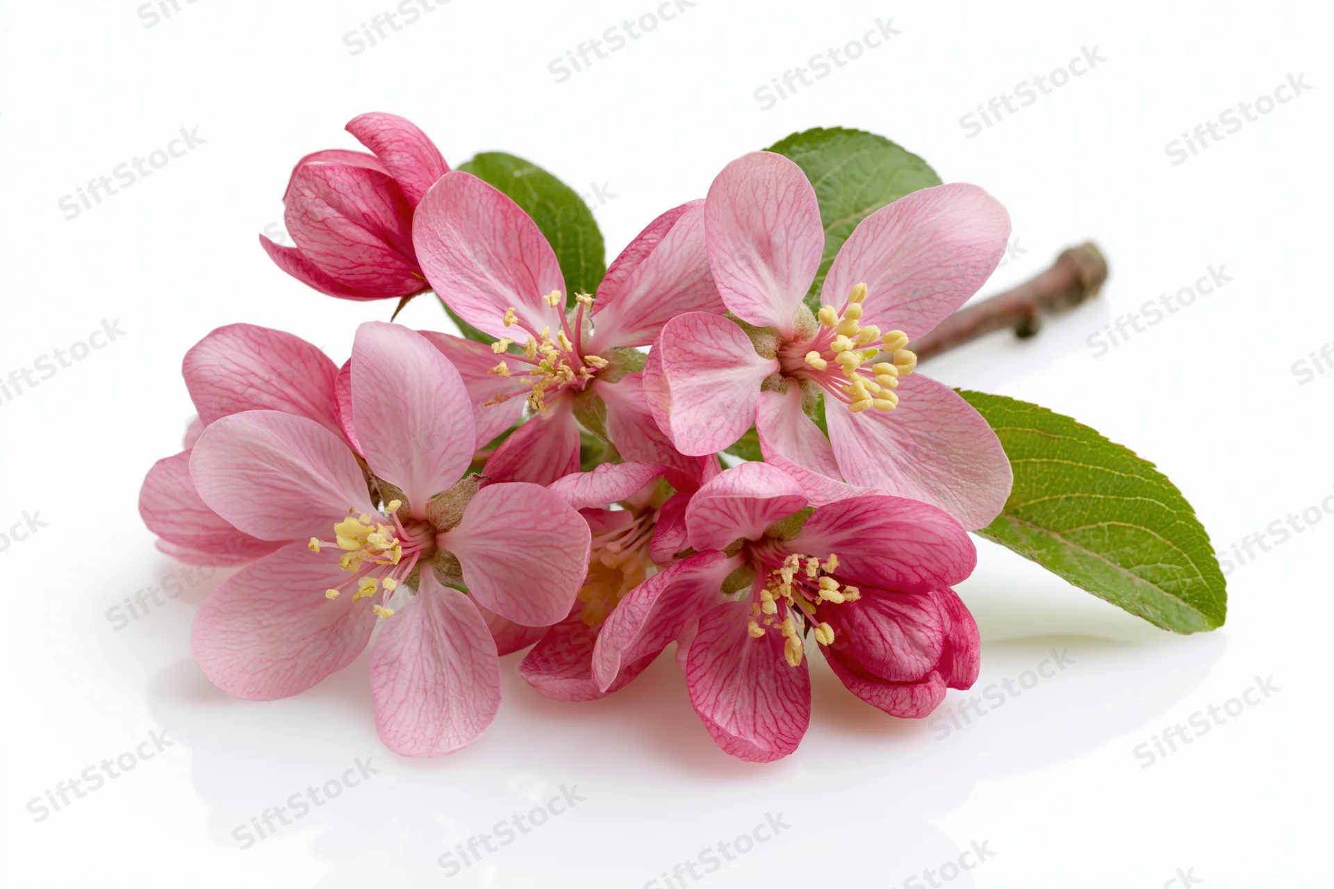 Small branch of pink apple blossoms with yellow stamens and green leaves on white background