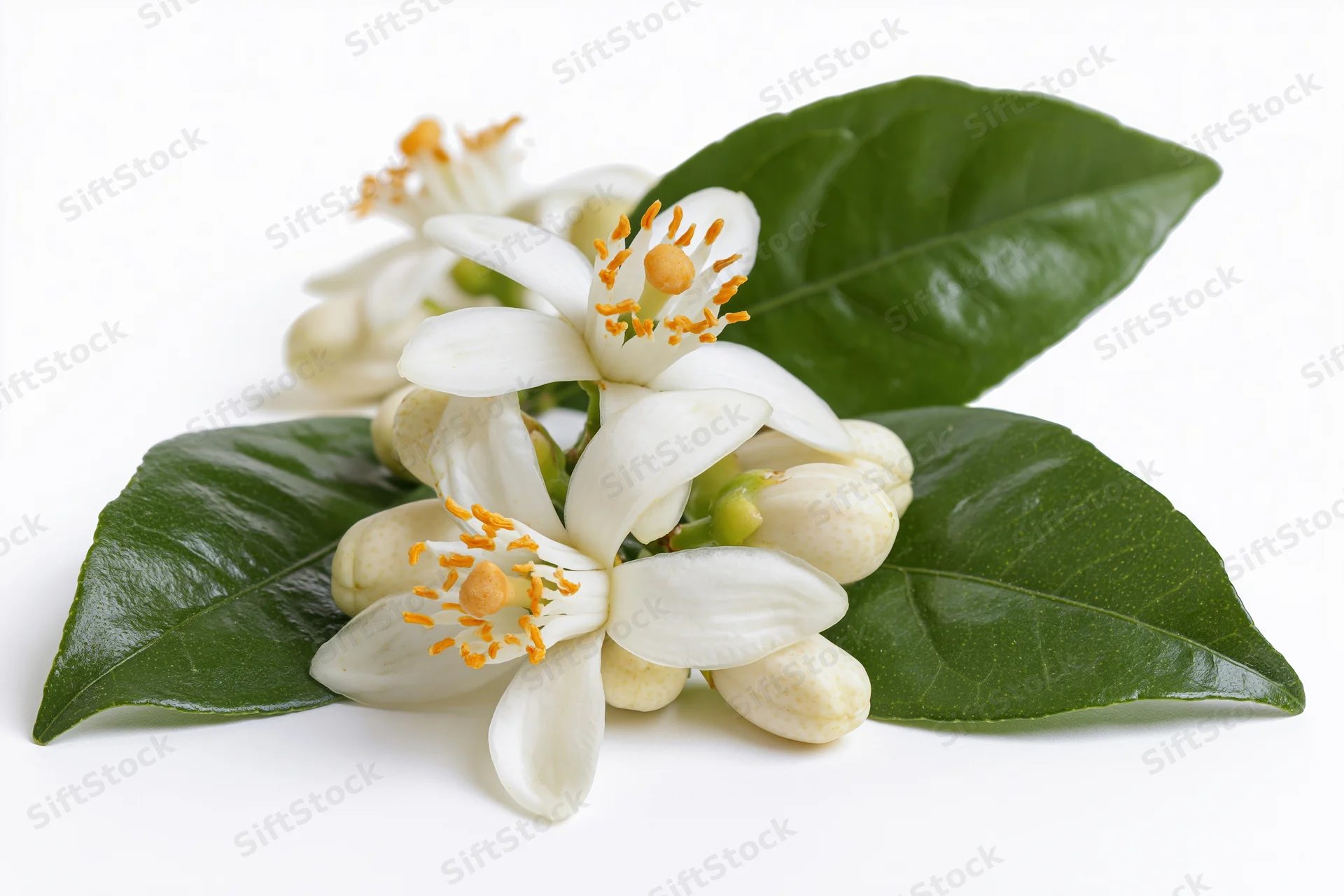 Cluster of white orange blossom flowers with green leaves on white background