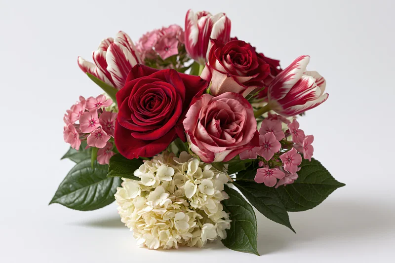 A bouquet of red roses, pink-white tulips, and white hydrangeas arranged with green leaves on a white background
