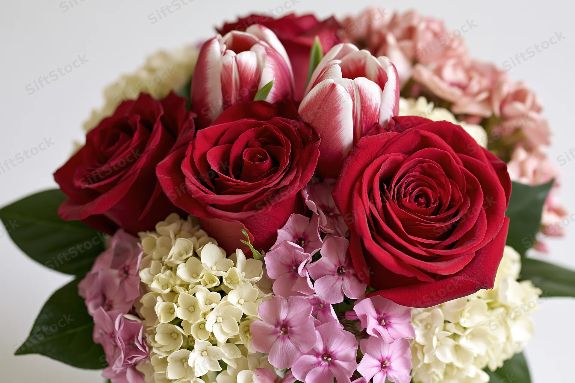 Close-up of a bouquet of red roses, pink-white tulips, and white hydrangeas arranged with green leaves on a white background