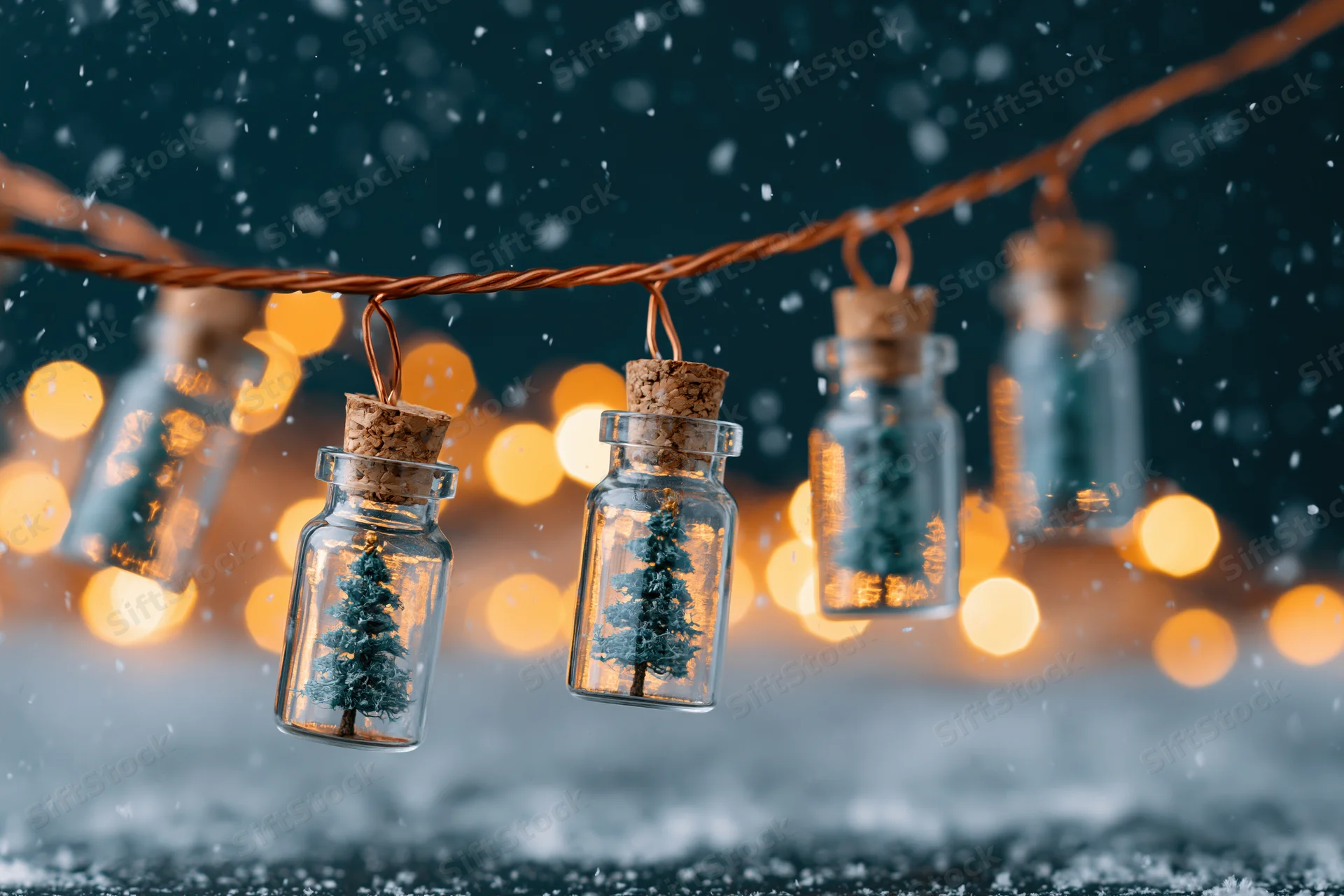 Miniature christmas trees in glass bottles hanging on a string with snow and warm lights in the background