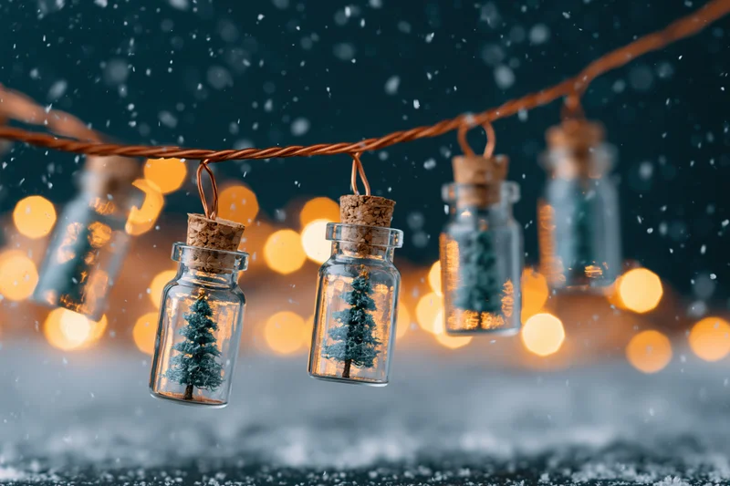 Miniature christmas trees in glass bottles hanging on a string with snow and warm lights in the background