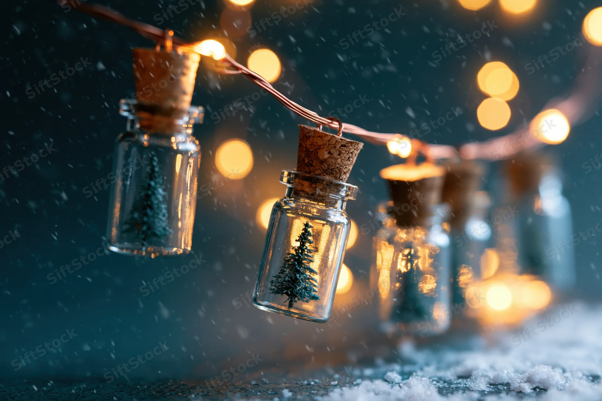 Small glass bottles with cork stoppers each containing a tiny christmas tree hanging from string lights in snowy winter setting