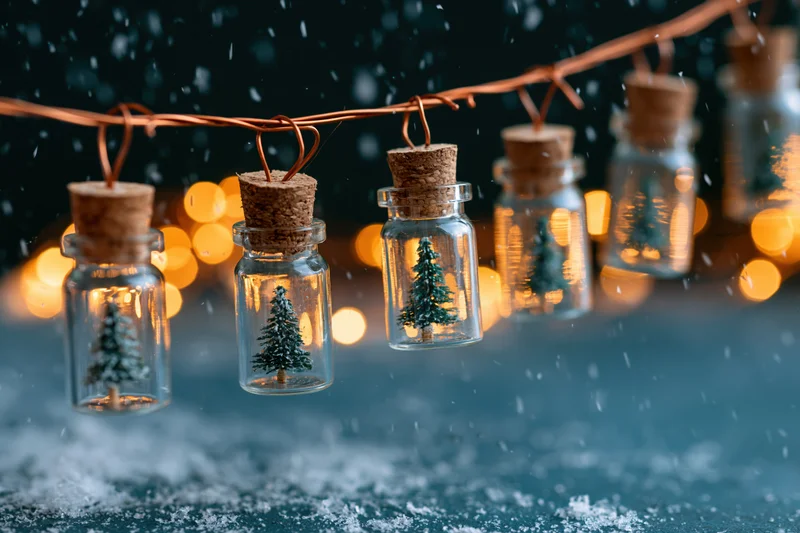 Small glass bottles with cork stoppers each containing a tiny christmas tree hanging on a string with snow falling and warm lights in the background