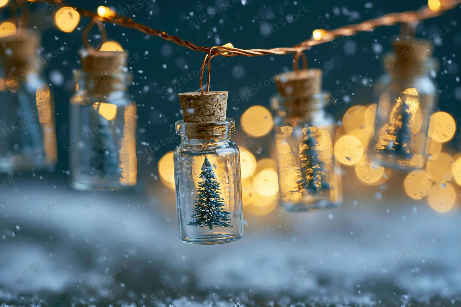 Miniature christmas trees in glass bottles hanging from string lights with snow falling at night