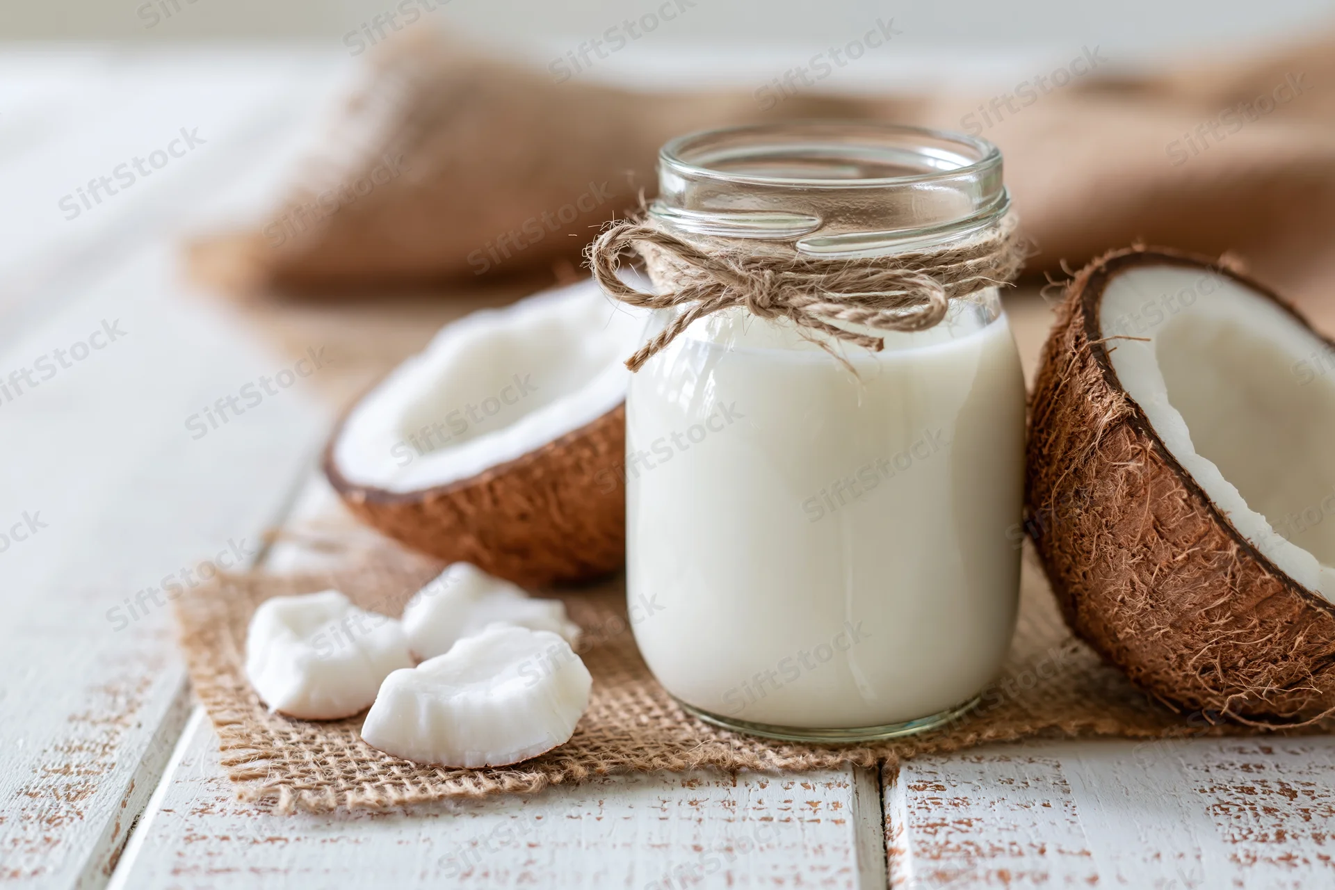 Glass jar filled with coconut milk tied with twine on a wooden table beside halved coconuts and coconut chunks on burlap