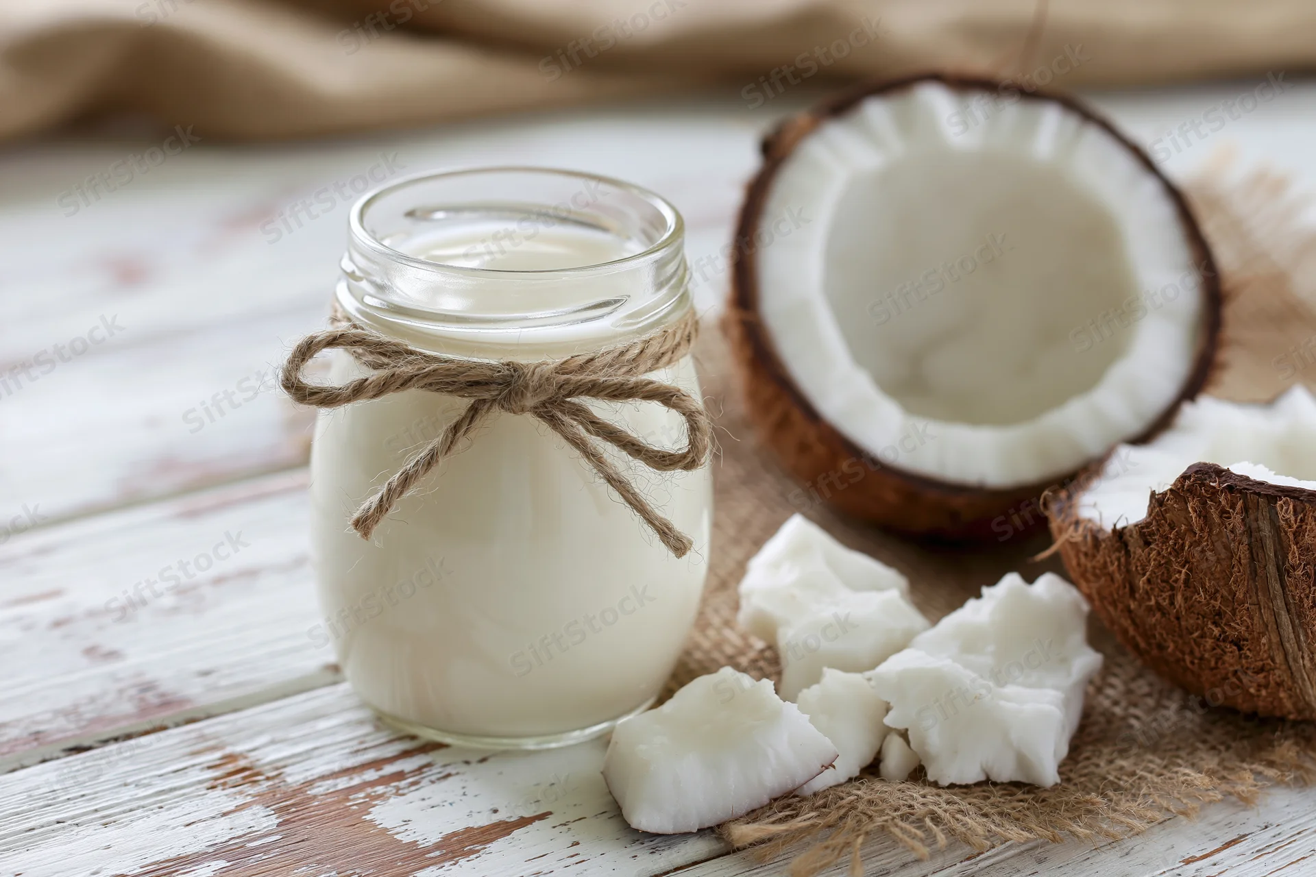 Glass jar of coconut milk tied with twine beside halved coconut and pieces on wooden table with burlap cloth