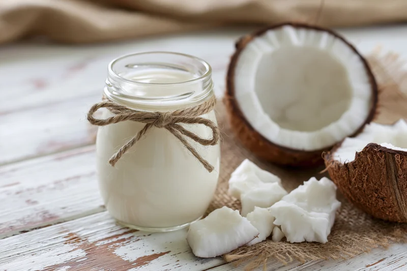 Glass jar of coconut milk tied with twine beside halved coconut and pieces on wooden table with burlap cloth