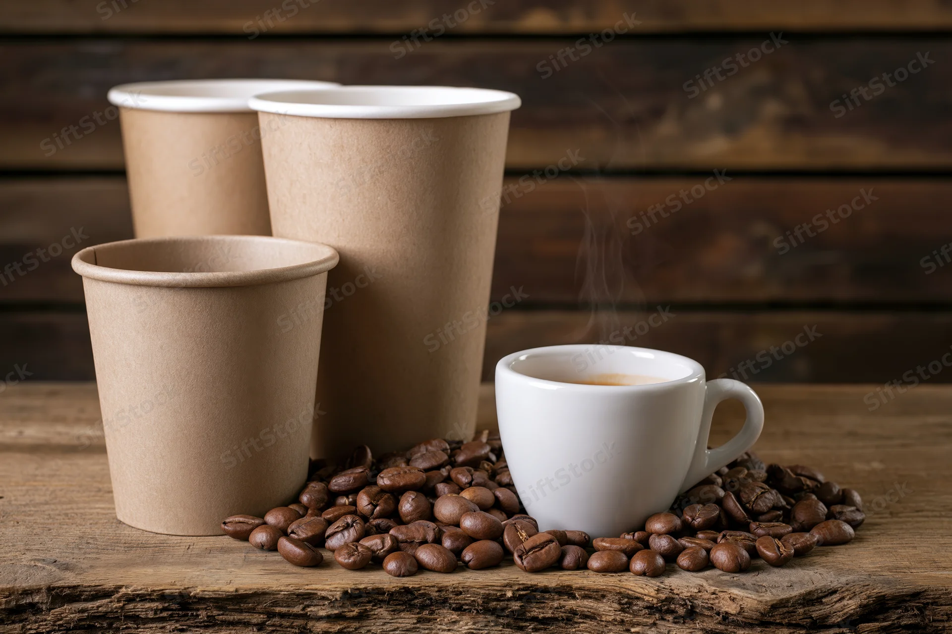 Small white ceramic espresso cup with steam surrounded by coffee beans on wooden surface with paper cups in background