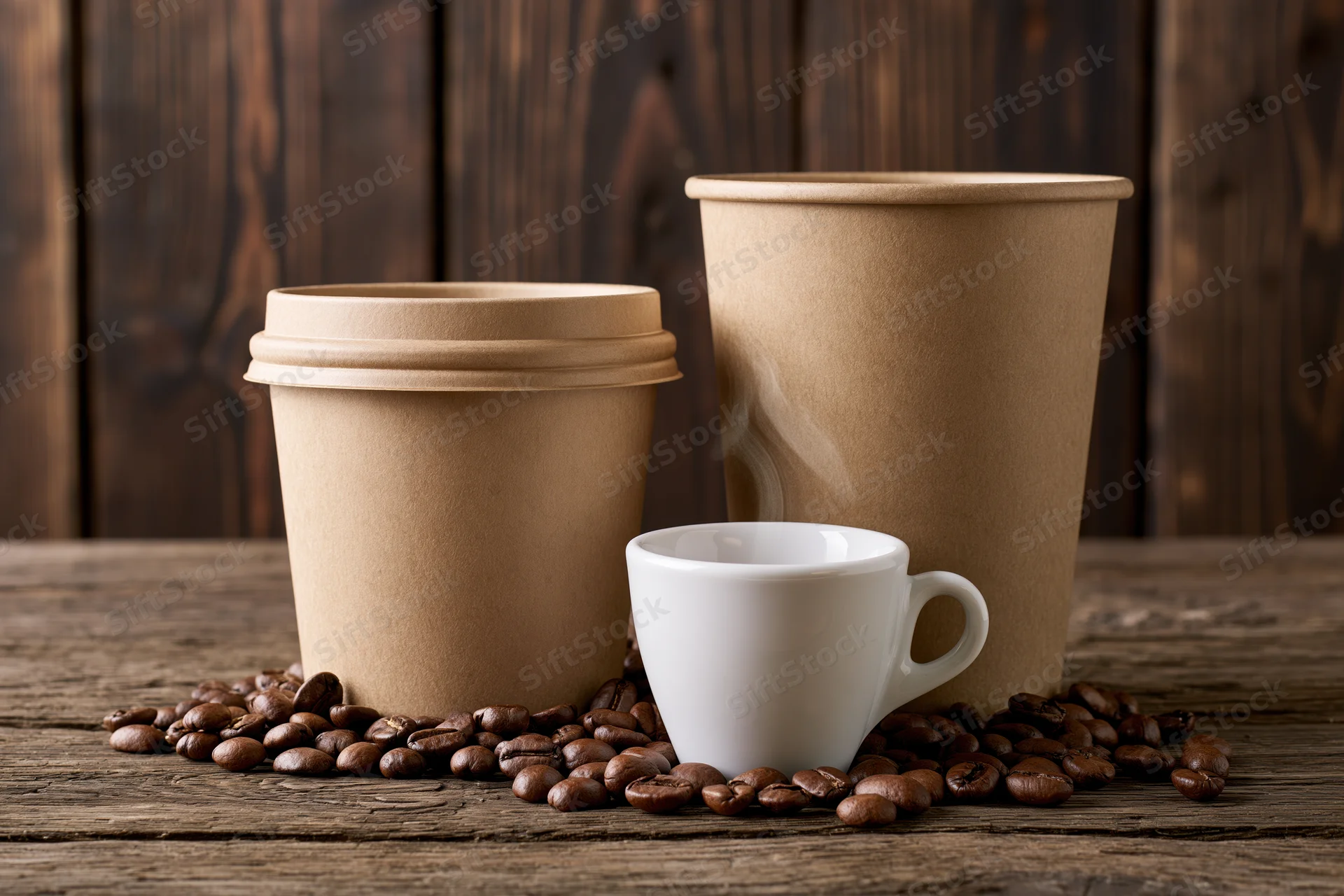 Small white ceramic espresso cup with faint steam surrounded by coffee beans and paper takeaway cups on a wooden table