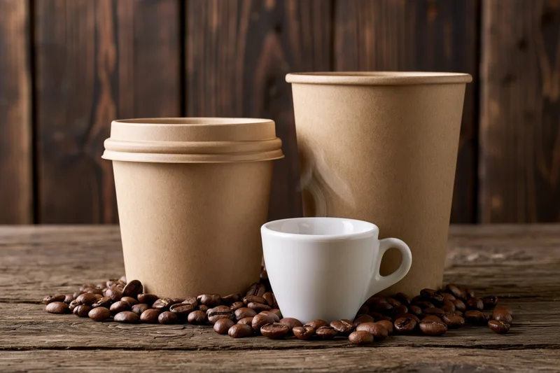 Small white ceramic espresso cup with faint steam surrounded by coffee beans and paper takeaway cups on a wooden table