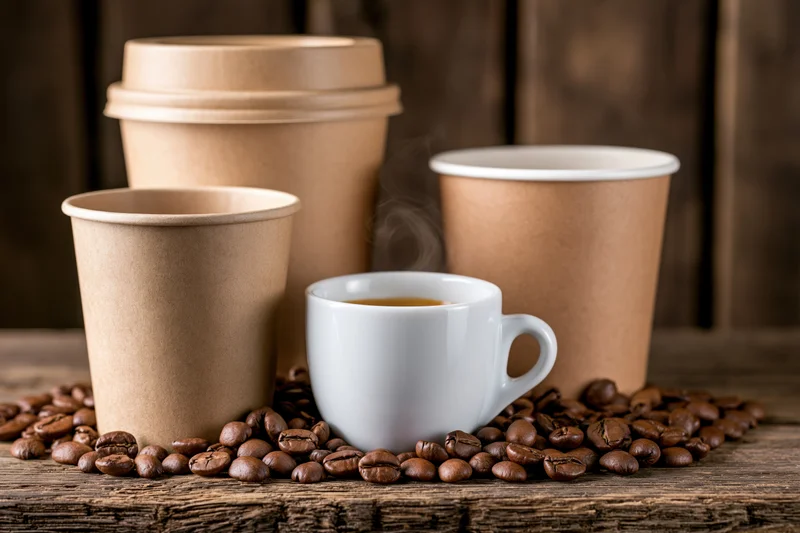 White ceramic espresso cup with steam surrounded by coffee beans and paper cups on wooden table