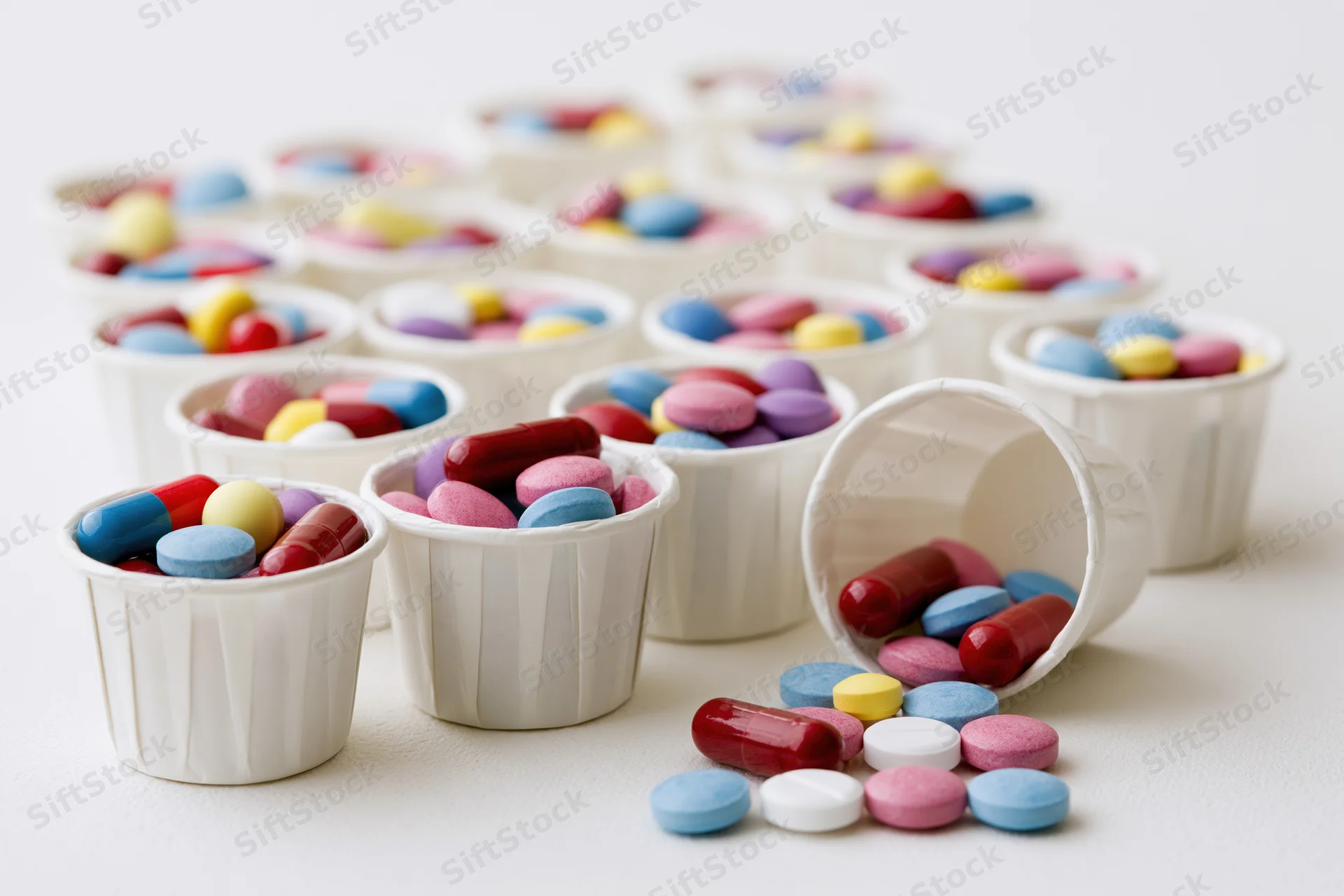 Small white paper cups filled with colorful pills and capsules, one tipped over with scattered medication on a white surface