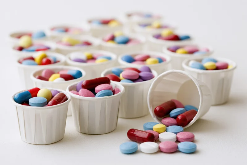 Small white paper cups filled with colorful pills and capsules, one tipped over with scattered medication on a white surface