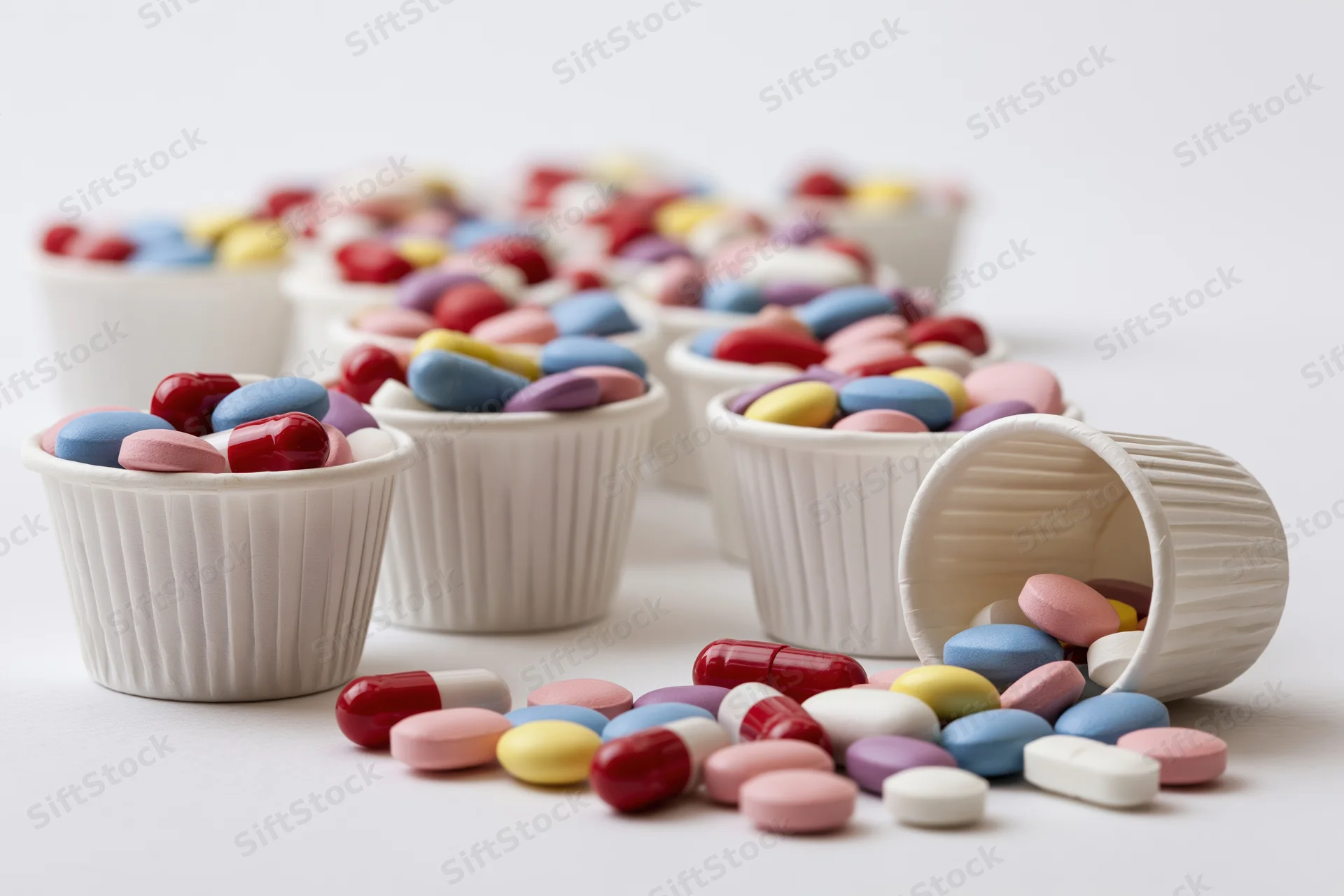 Colorful pills scattered from white paper cups on a plain surface