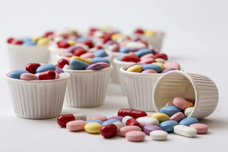 Colorful pills scattered from white paper cups on a plain surface