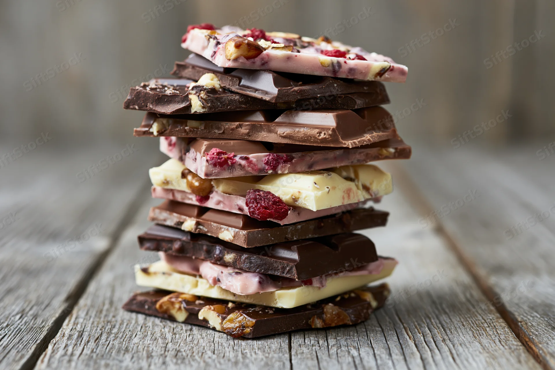 Stack of assorted broken chocolate bar pieces piled high on a rustic wooden table