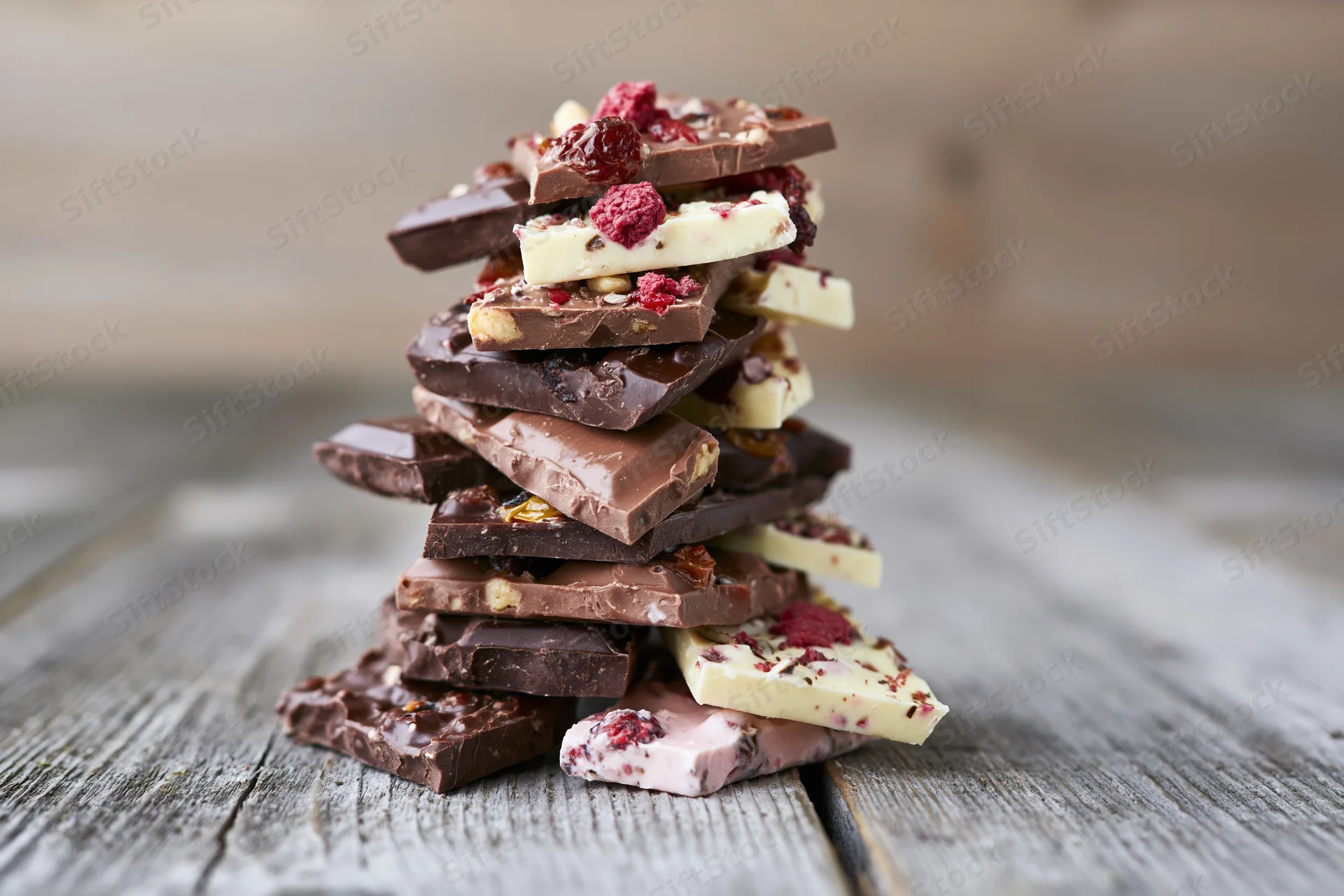 Stack of assorted broken chocolate pieces piled high on a rustic wooden table