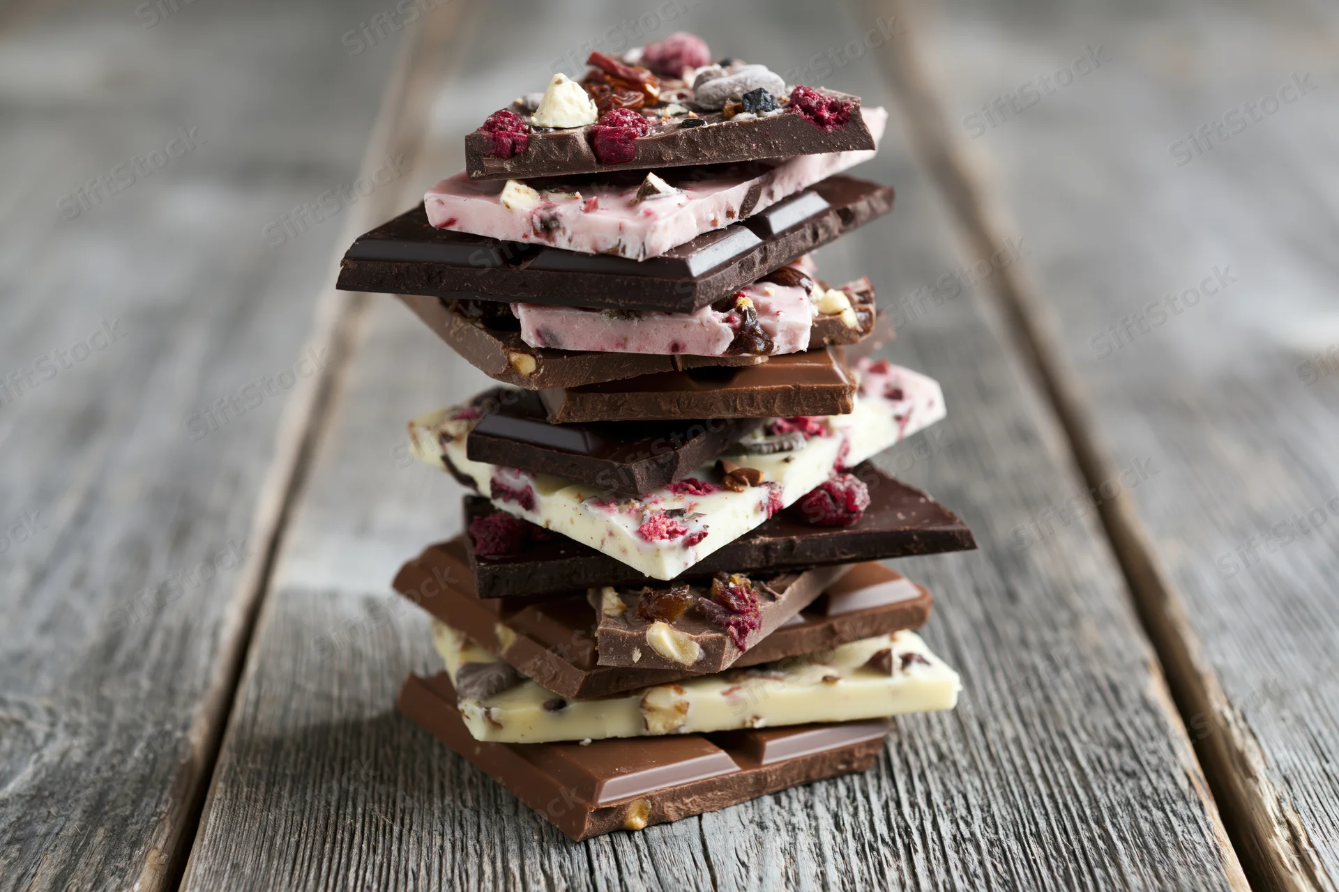 Stack of assorted broken chocolate pieces piled high on a rustic wooden table