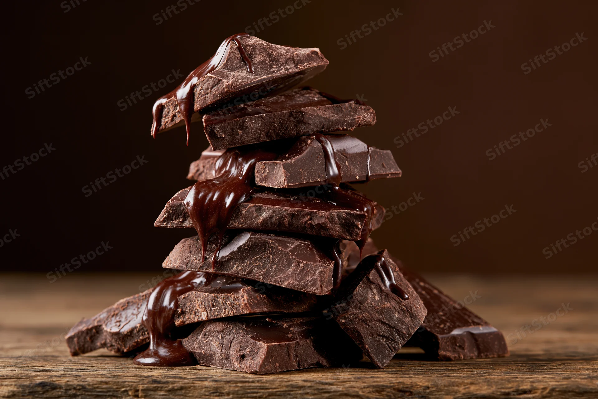Broken dark chocolate chunks piled unevenly on a wooden surface with melted chocolate dripping down