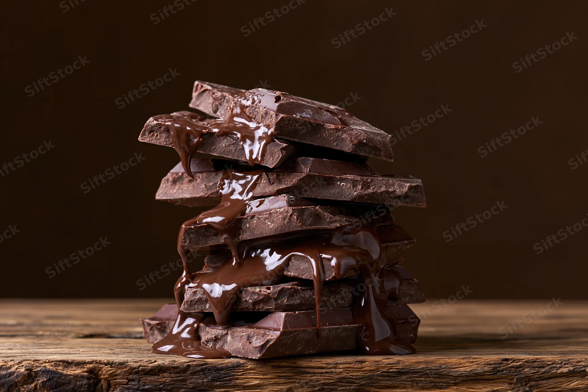 Broken dark chocolate chunks stacked unevenly with melted chocolate dripping onto a wooden surface