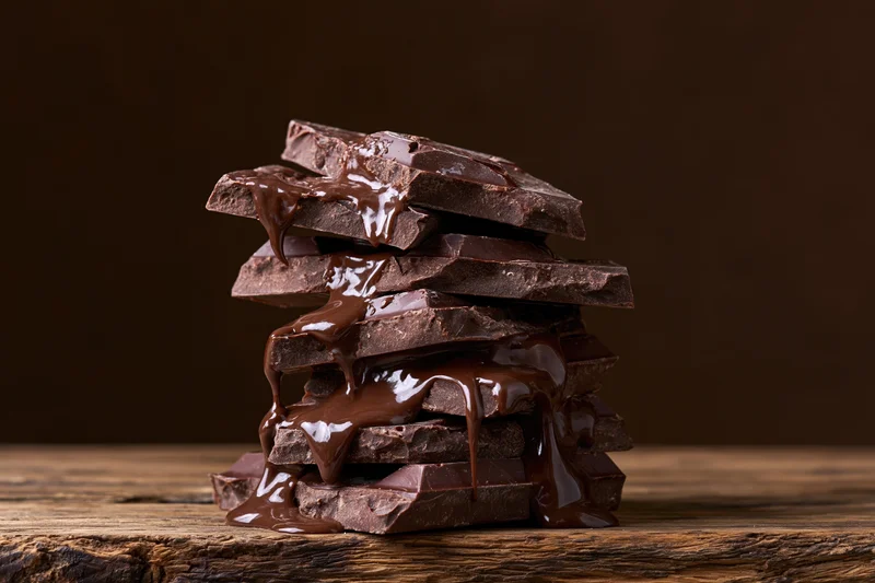 Broken dark chocolate chunks stacked unevenly with melted chocolate dripping onto a wooden surface