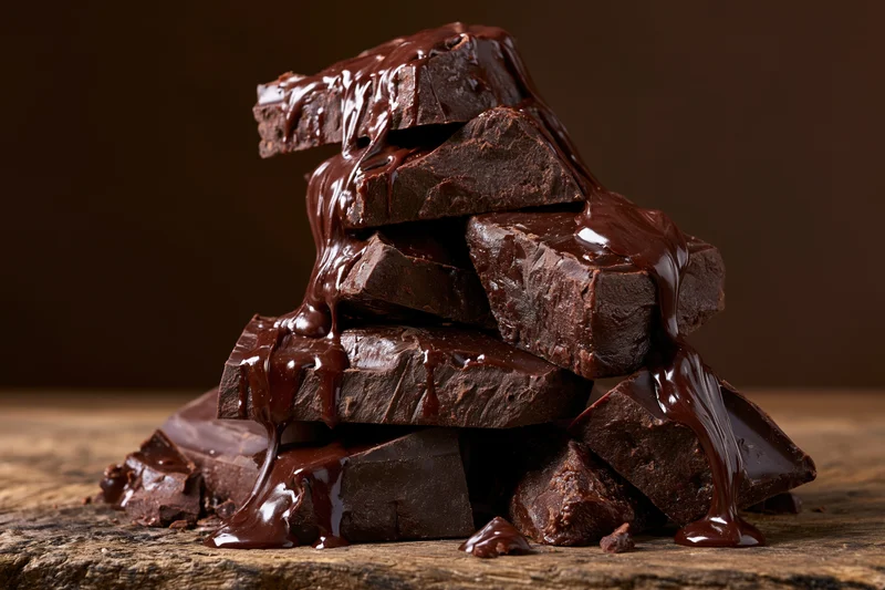 Broken dark chocolate chunks piled unevenly on wooden surface with melted chocolate dripping down