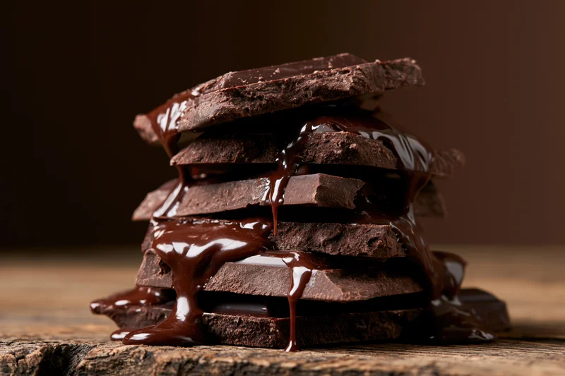 Broken dark chocolate chunks stacked unevenly with melted chocolate dripping onto a wooden surface