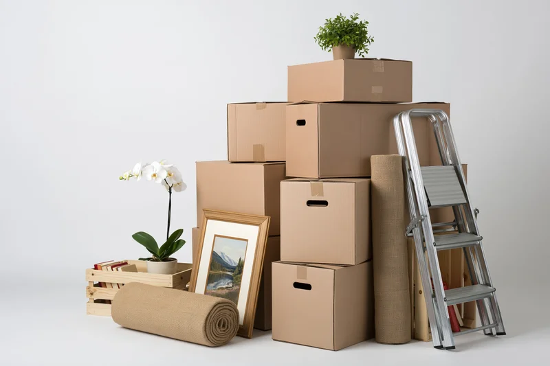 Stack of brown cardboard moving boxes with ladder, plants, framed picture, and packing supplies on white background