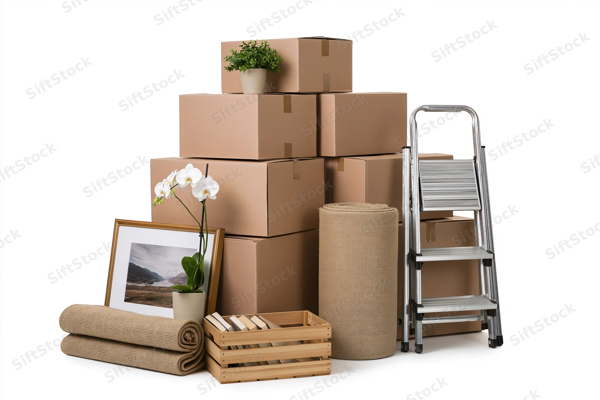 Stack of cardboard moving boxes with packing materials and a ladder on white background