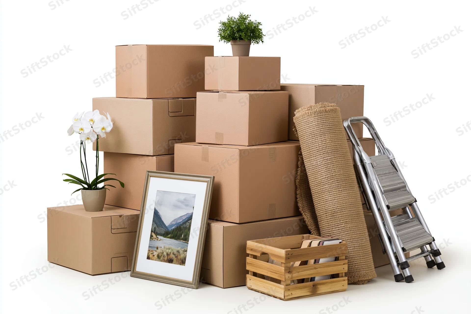 Stack of cardboard moving boxes with a ladder, potted plant, framed picture and wooden crate on white background