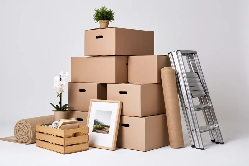 Stack of brown cardboard moving boxes with ladder, plants, frame and crate arranged for home relocation