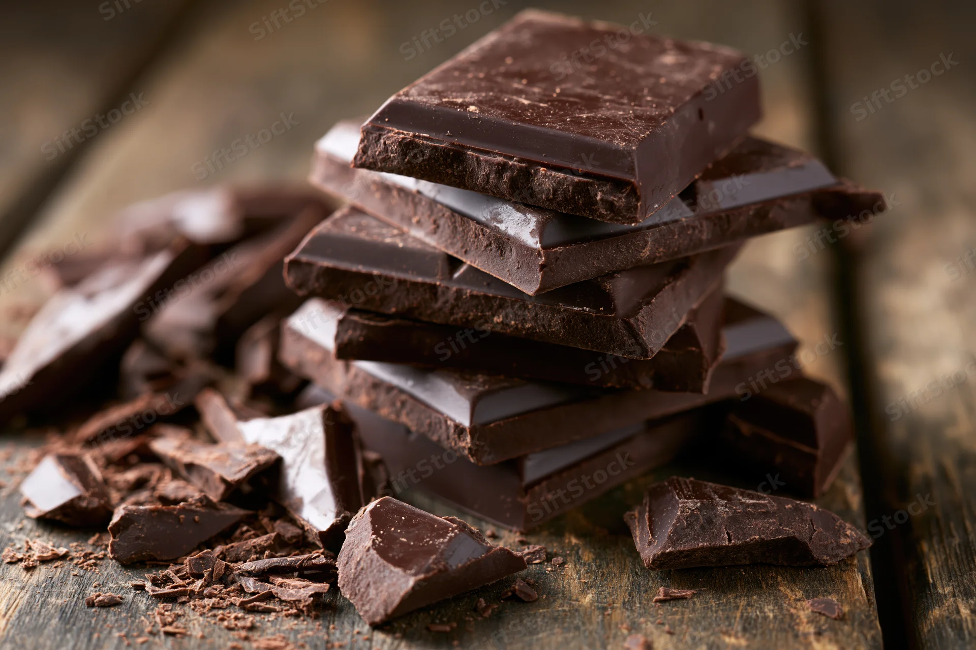 Dark chocolate squares stacked unevenly on worn wooden surface