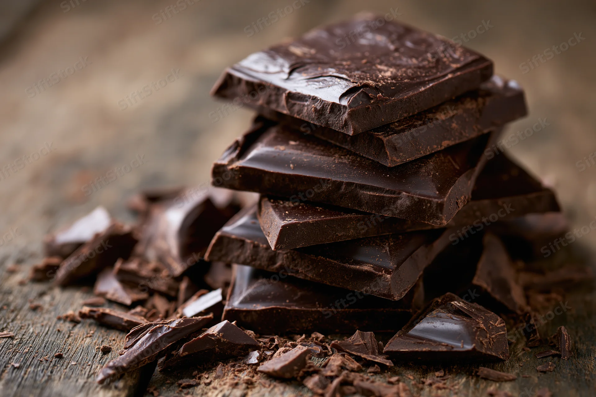 Stack of dark chocolate squares piled unevenly on a worn wooden surface