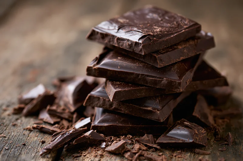 Stack of dark chocolate squares piled unevenly on a worn wooden surface