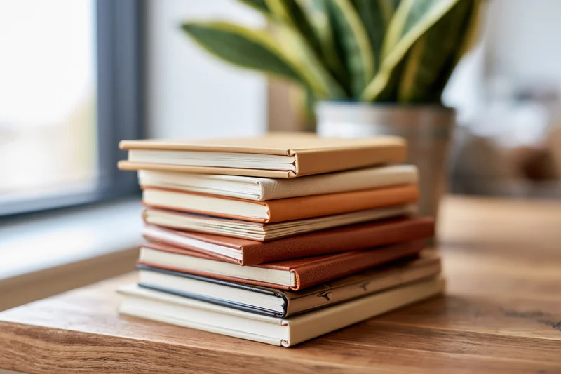 Stack of books and journals on wooden table near window with plant in background