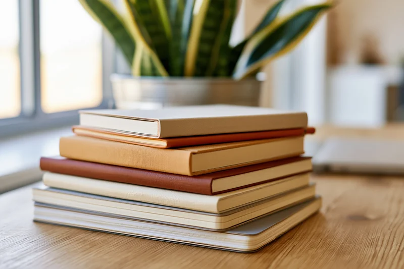 Stack of books and journals on wooden desk near window with plant in background