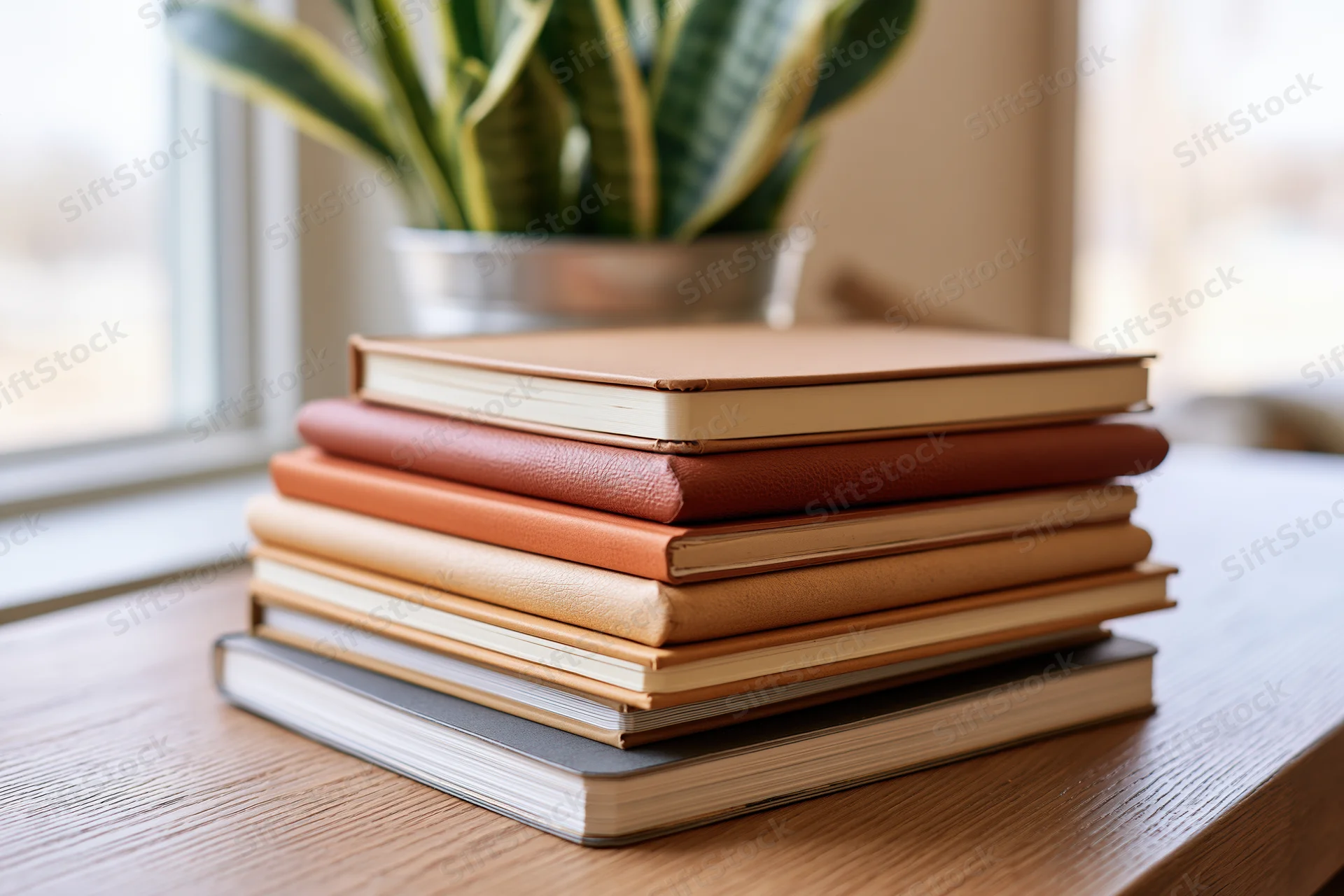 Stack of five books and journals in warm tones on wooden desk near window with snake plant in background