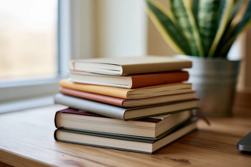 Stack of books and journals on wooden desk by window with snake plant in background